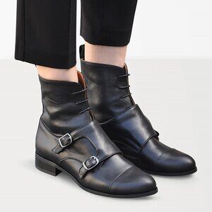 Black Leather Monk Strap Boots, Women's Ankle Boots Double Buckle Flap, EU 40